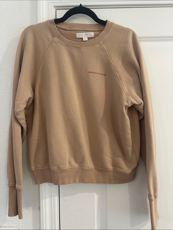 Spiritual Gangster Sweaters - Spiritual Gangster Beige Crewneck Sweatshirt with Subtle Pink Logo